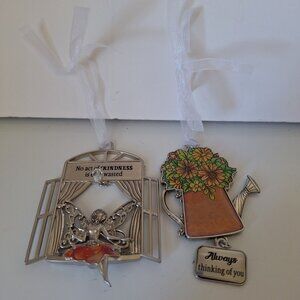 LOT OF (2) GANZ ENAMEL AND ZINC HANGING ORNAMENTS GARDEN FAIRY/SPRINGTIME WISHES